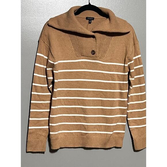 NWT Talbots Knit Sweater Camel with White Stripe XS Shawl Neck Cotton Miix - Picture 1 of 6